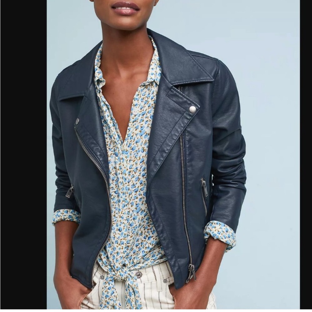 Anthropologie Moto Jacket Faux Leather Blue S